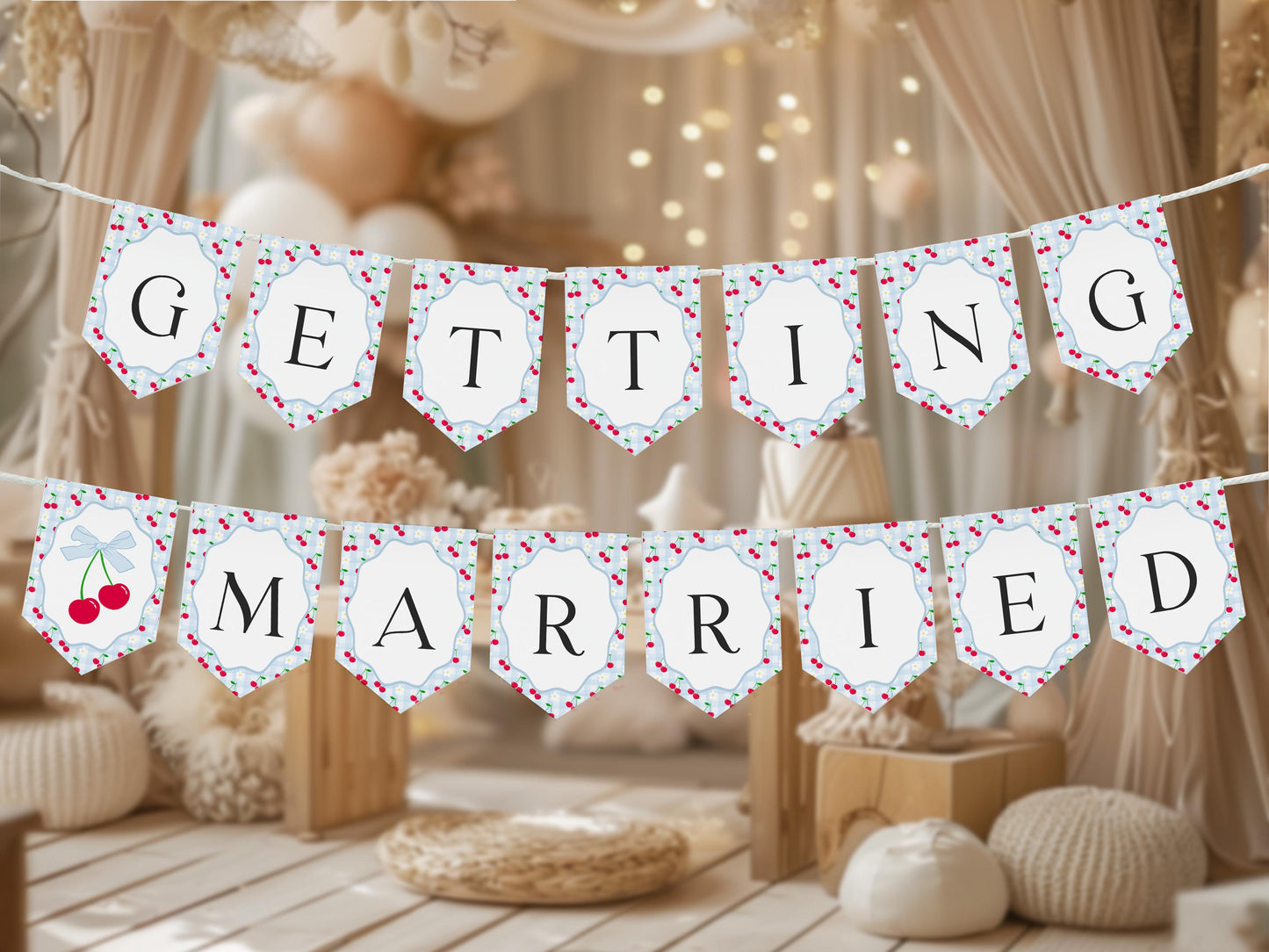 Blue Cherry Gingham Bridal Shower Banner Template, Coquette Cherry Sweet Bridal Brunch, Pastel Gingham Engagement Party Decor WP1072