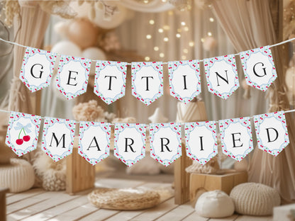 Blue Cherry Gingham Bridal Shower Banner Template, Coquette Cherry Sweet Bridal Brunch, Pastel Gingham Engagement Party Decor WP1072