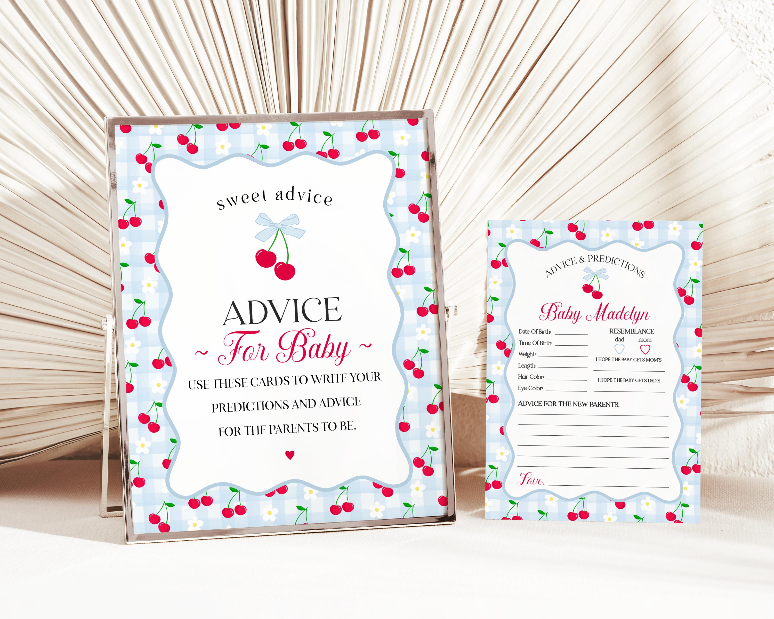 Blue Cherry Gingham Advice for Baby Cards Template, Coquette Sweet Cherry on Top Baby Sprinkle, Pastel Gingham Nesting Party Decor WP1072