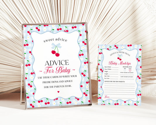 Blue Cherry Gingham Advice for Baby Cards Template, Coquette Sweet Cherry on Top Baby Sprinkle, Pastel Gingham Nesting Party Decor WP1072