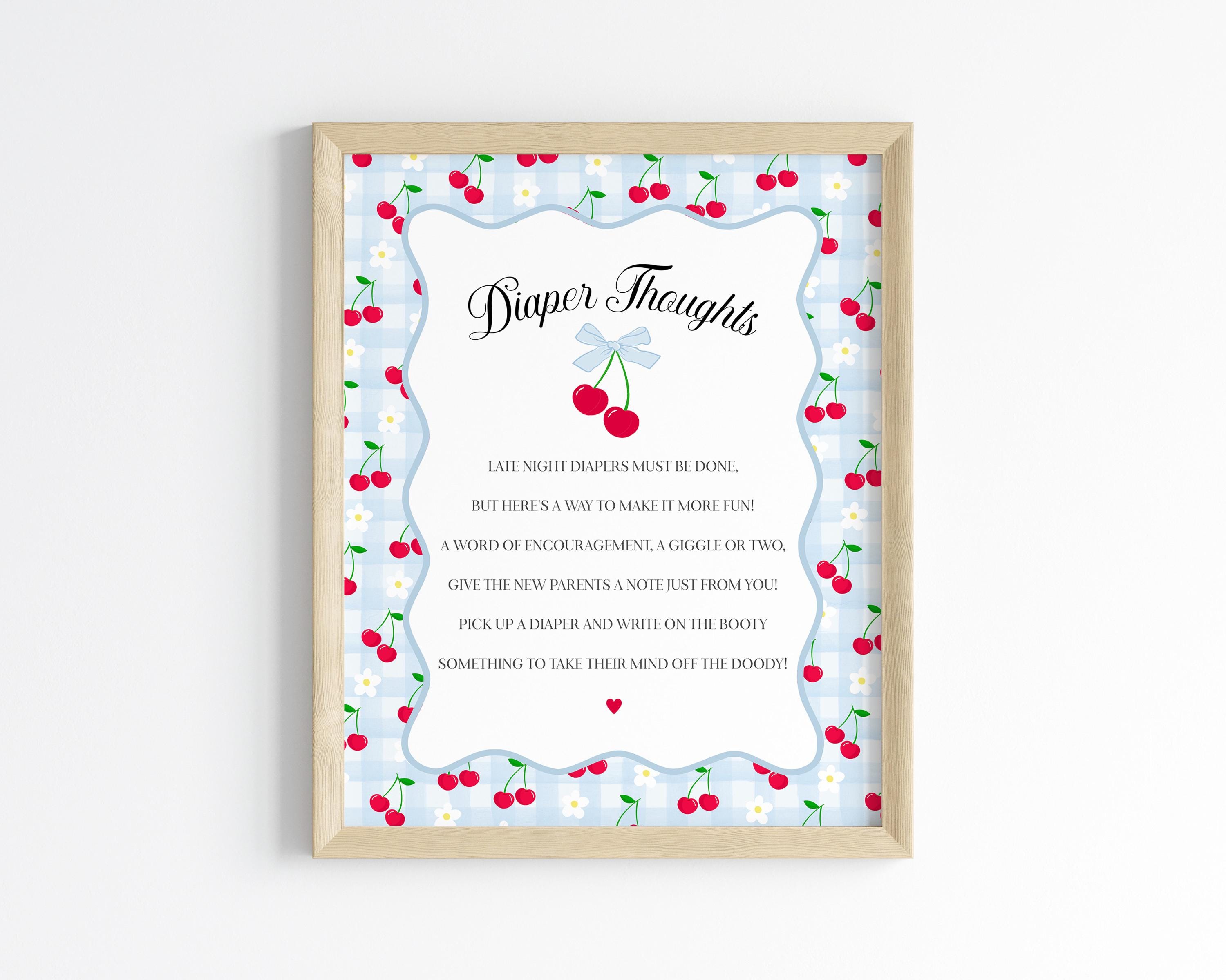 Blue Cherry Gingham Baby Shower Diaper Thoughts Sign Template, Coquette Cherry on Top Baby Sprinkle Game, Pastel Nesting Party WP1072
