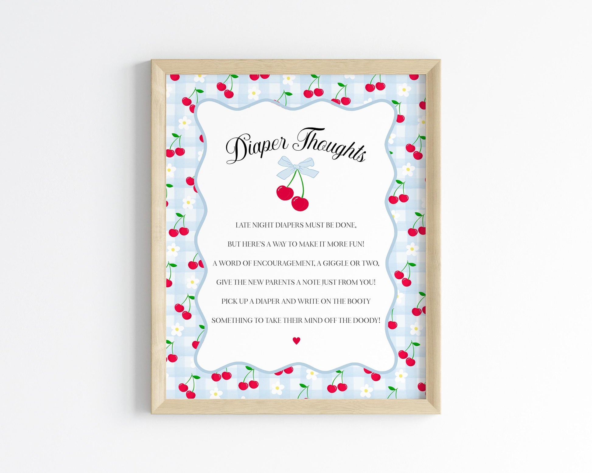 Blue Cherry Gingham Baby Shower Diaper Thoughts Sign Template, Coquette Cherry on Top Baby Sprinkle Game, Pastel Nesting Party WP1072