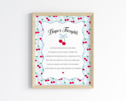 Blue Cherry Gingham Baby Shower Diaper Thoughts Sign Template, Coquette Cherry on Top Baby Sprinkle Game, Pastel Nesting Party WP1072