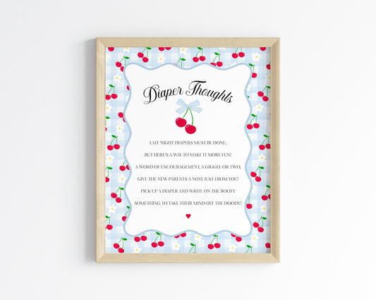Blue Cherry Gingham Baby Shower Diaper Thoughts Sign Template, Coquette Cherry on Top Baby Sprinkle Game, Pastel Nesting Party WP1072
