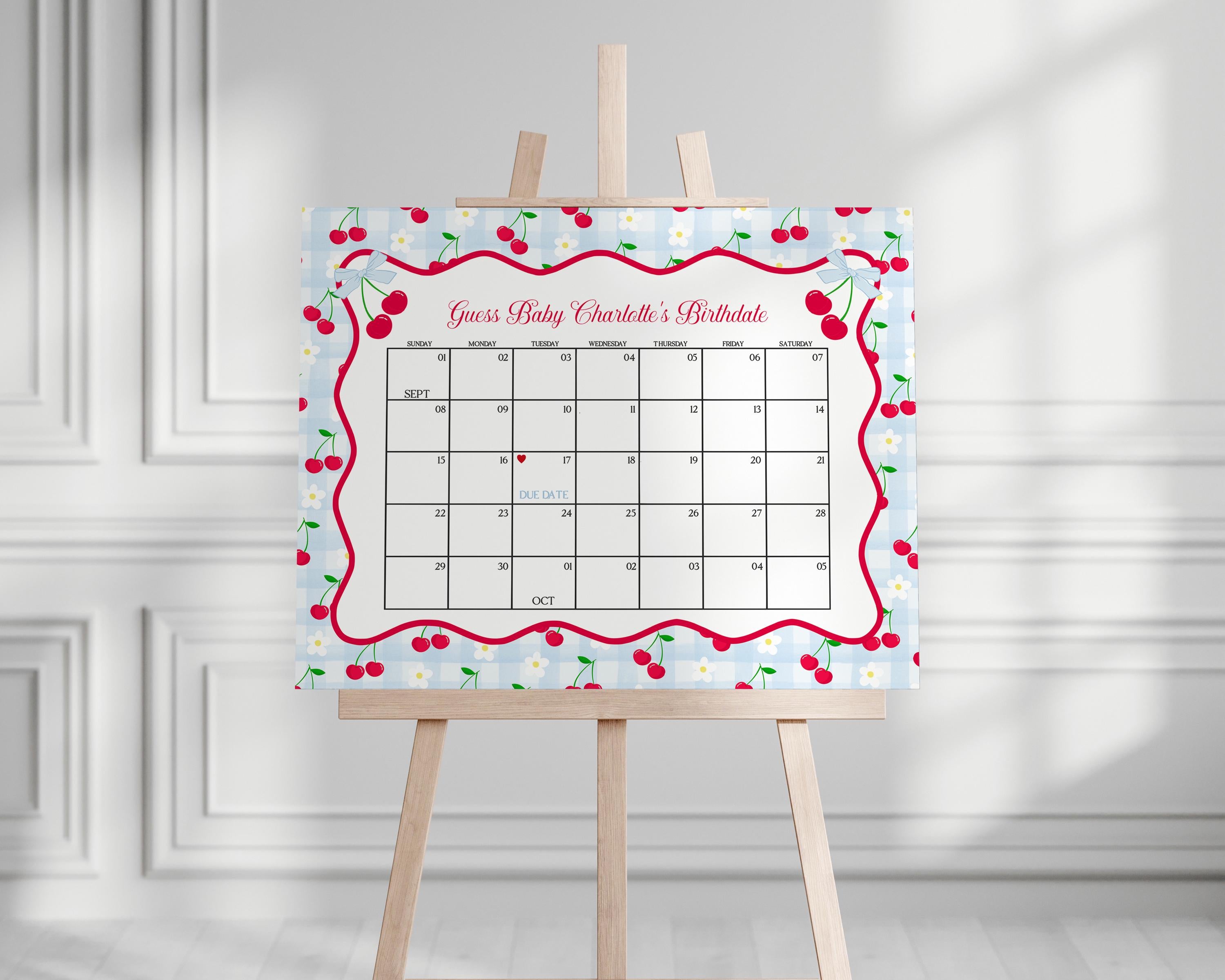 Blue Cherry Gingham Baby Shower Guess the Date Game Template, Coquette Sweet Cherry on Top Baby Sprinkle, Pastel Nesting Party WP1072