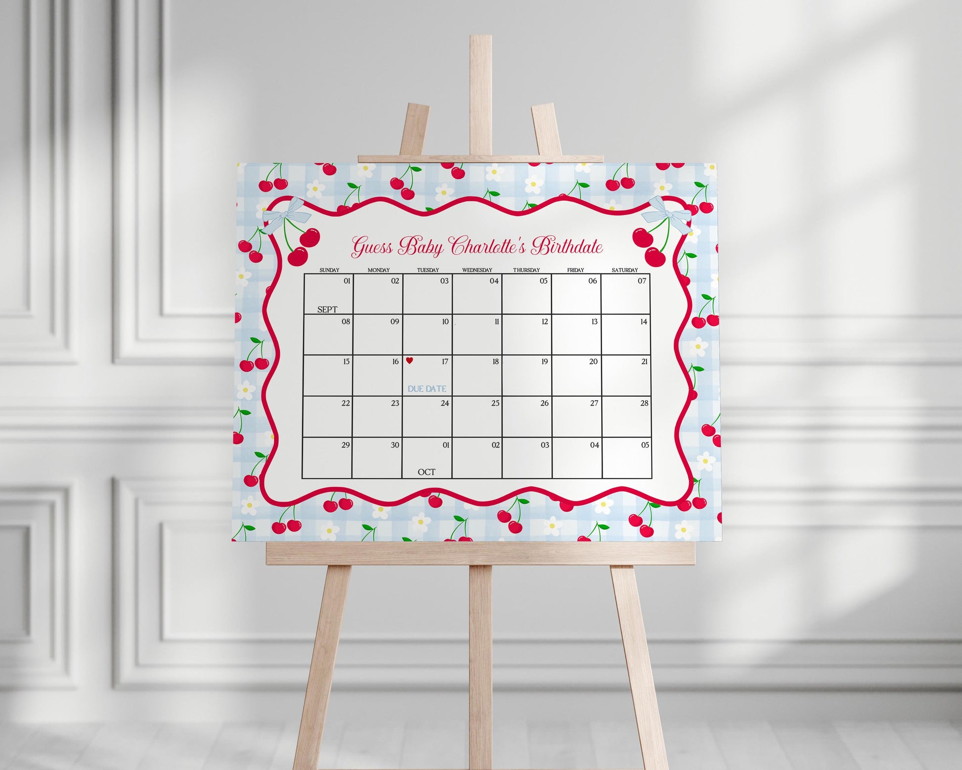 Blue Cherry Gingham Baby Shower Guess the Date Game Template, Coquette Sweet Cherry on Top Baby Sprinkle, Pastel Nesting Party WP1072