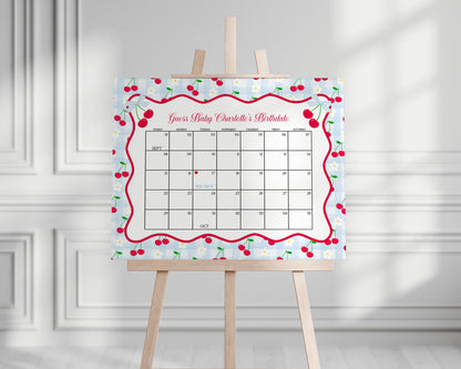 Blue Cherry Gingham Baby Shower Guess the Date Game Template, Coquette Sweet Cherry on Top Baby Sprinkle, Pastel Nesting Party WP1072