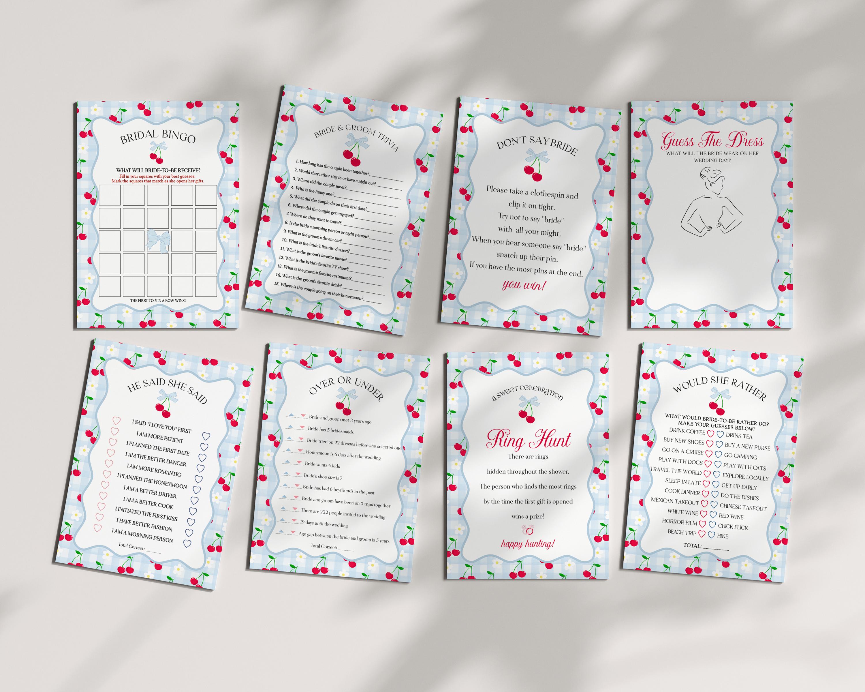 Blue Cherry Gingham Bridal Shower Games Set Template, Coquette Cherry Sweet Bridal Brunch, Pastel Engagement Party Decor WP1072