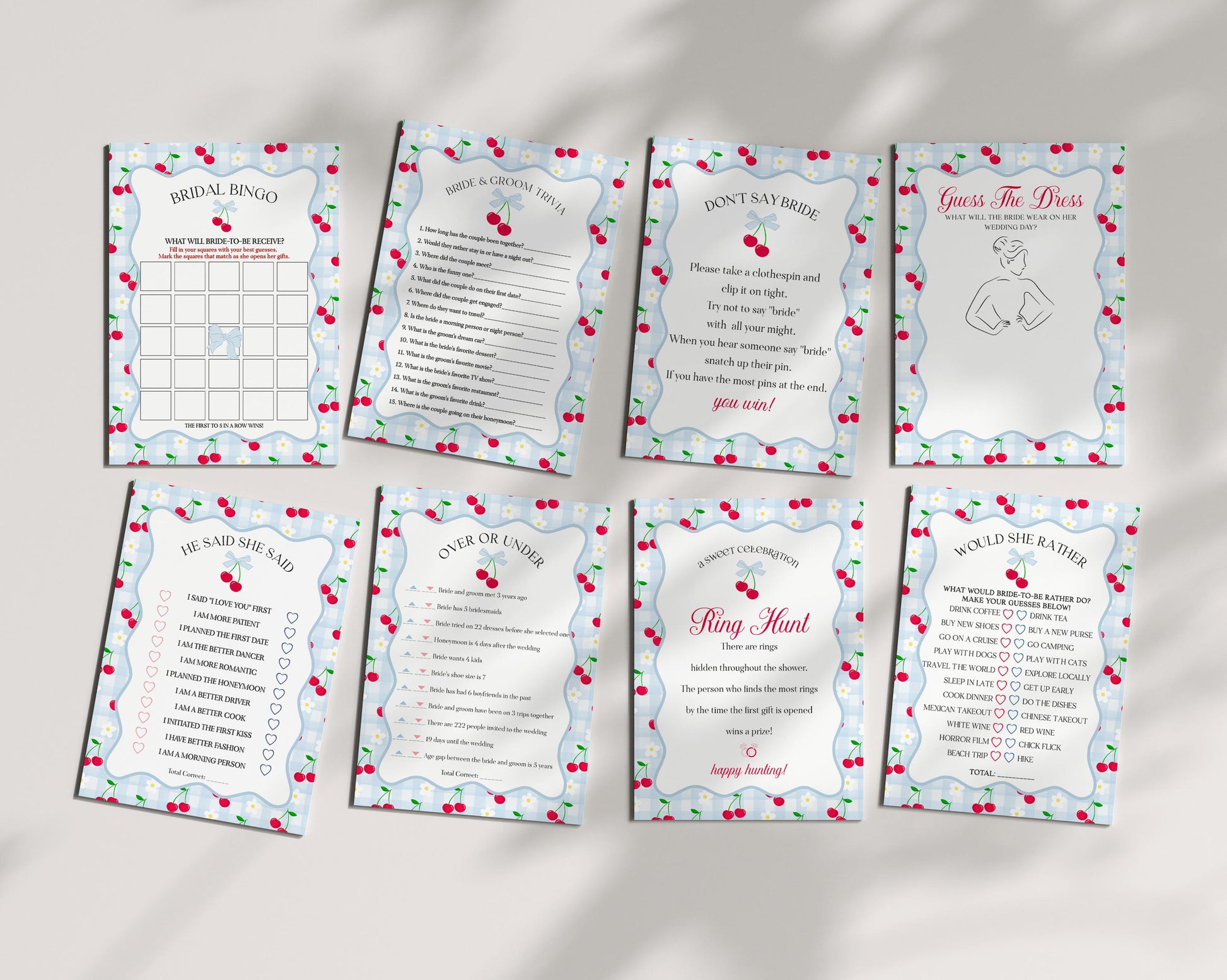 Blue Cherry Gingham Bridal Shower Games Set Template, Coquette Cherry Sweet Bridal Brunch, Pastel Engagement Party Decor WP1072