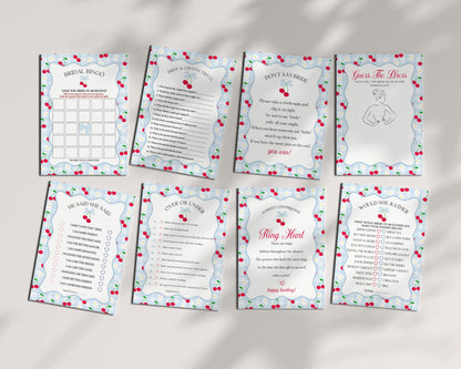 Blue Cherry Gingham Bridal Shower Games Set Template, Coquette Cherry Sweet Bridal Brunch, Pastel Engagement Party Decor WP1072