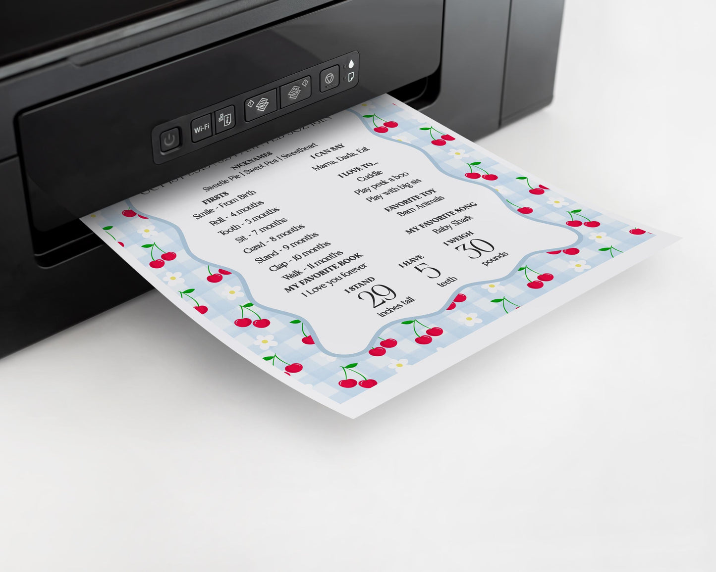 Blue Cherry Gingham First Year Milestone Sign Printable Template, Coquette Sweet Cherry First Birthday Party, Pastel Party Decor WP1072