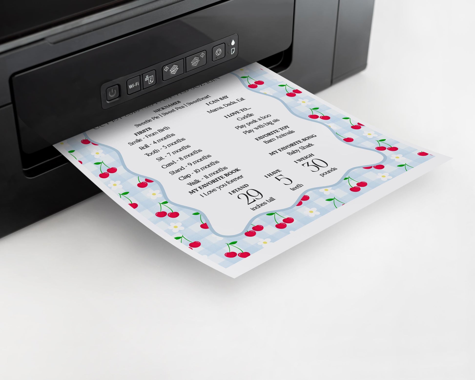 Blue Cherry Gingham First Year Milestone Sign Printable Template, Coquette Sweet Cherry First Birthday Party, Pastel Party Decor WP1072