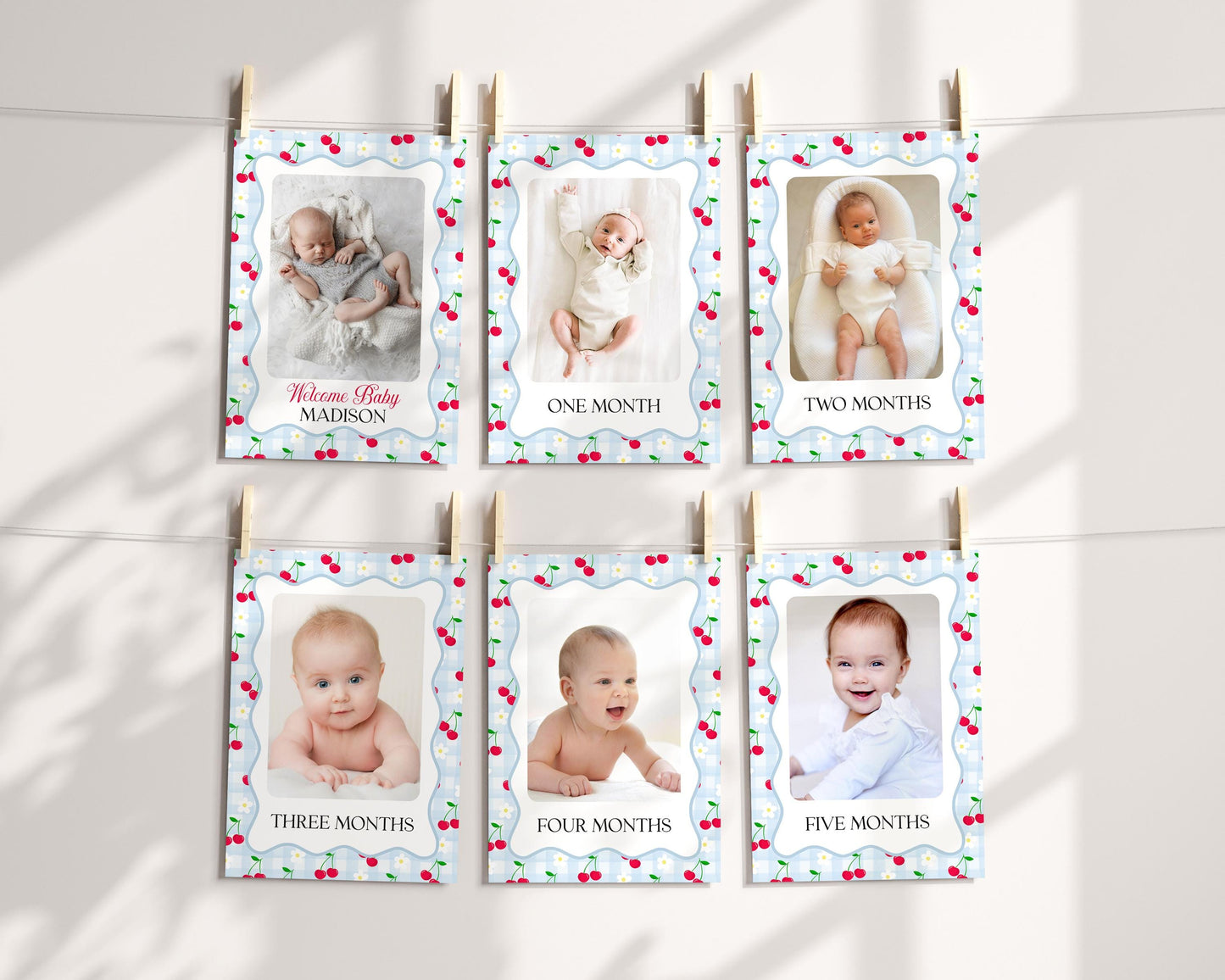 Blue Cherry Gingham 1st Birthday Milestone Banner Template, Coquette Sweet Cherry First Celebration, Pastel Gingham Party Decor WP1072