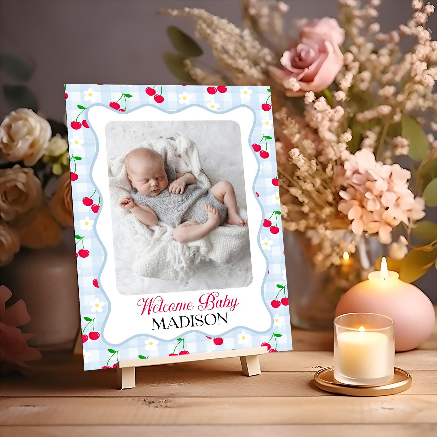 Blue Cherry Gingham 1st Birthday Milestone Banner Template, Coquette Sweet Cherry First Celebration, Pastel Gingham Party Decor WP1072