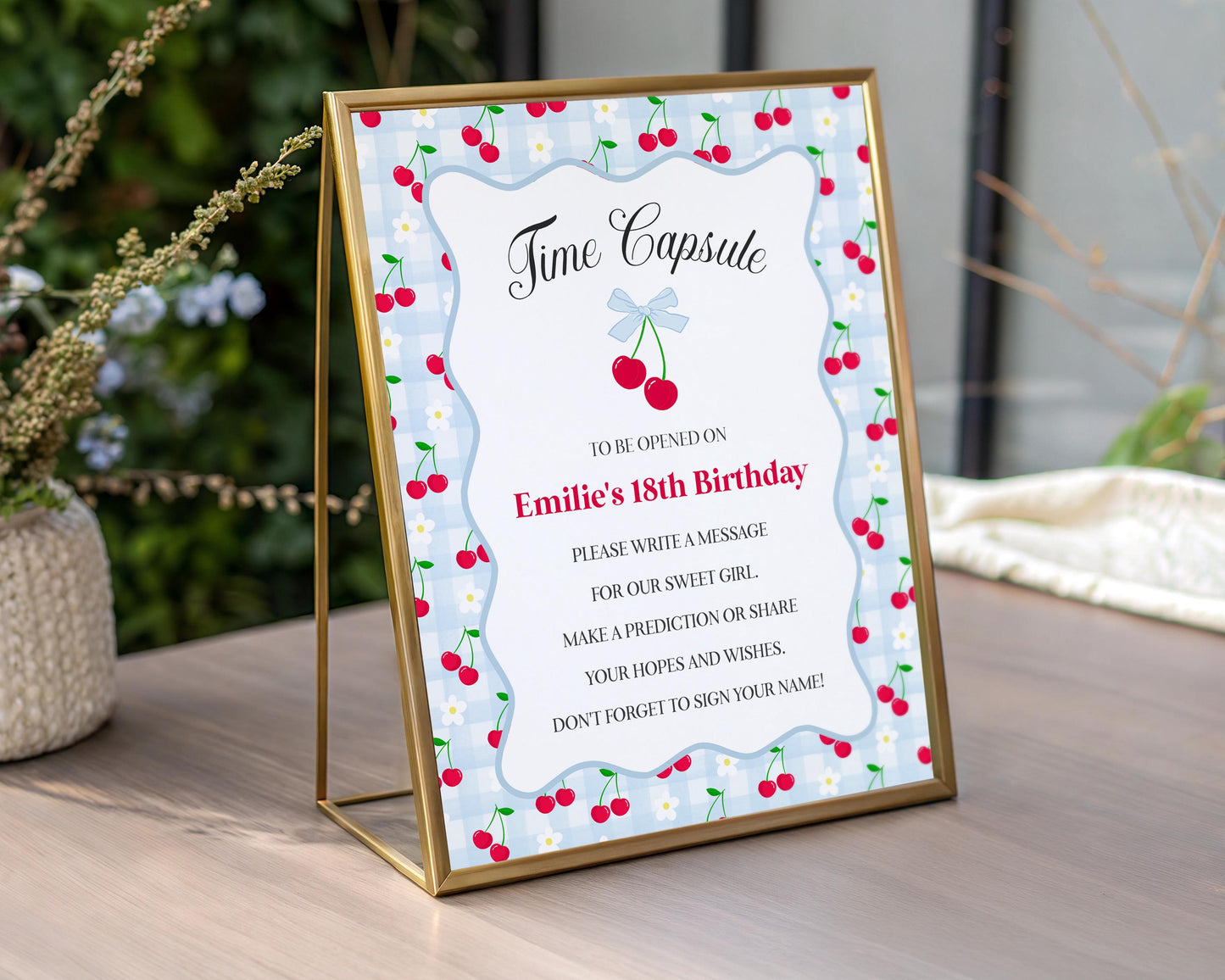 Blue Cherry Gingham Time Capsule Template, Coquette Sweet Cherry First Birthday Party Celebration, Pastel Gingham Party Game WP1072