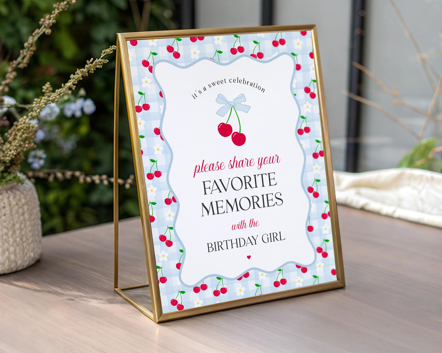 Blue Cherry Gingham Favorite Memories Birthday Girl Template, Coquette Cherry Sweet Birthday Party Game, Pastel Gingham Party Decor WP1072