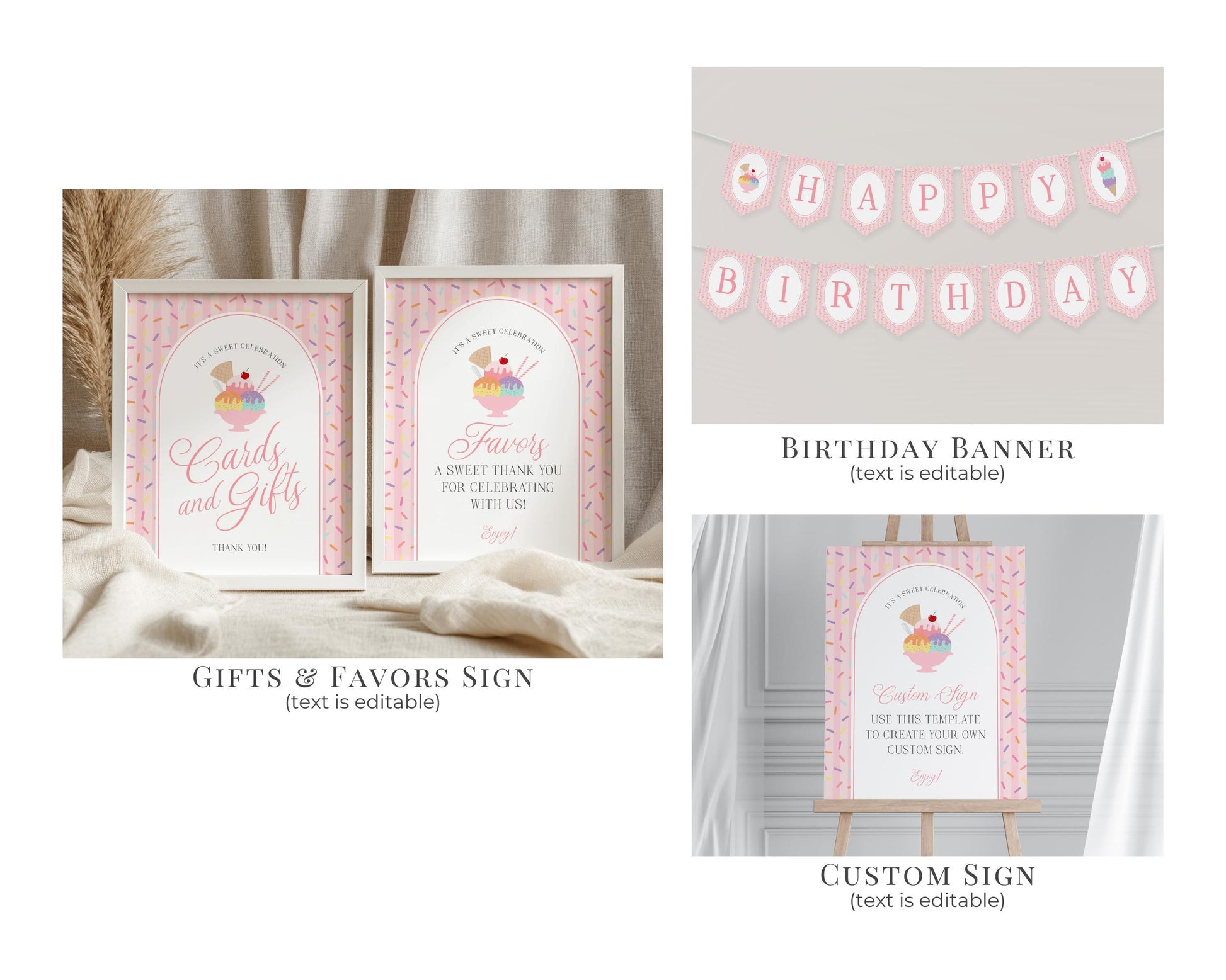 Ice Cream Sundae First Birthday Bundle Printable Template, Sweet One First Birthday, Pastel Sprinkles Party Decor WP1073