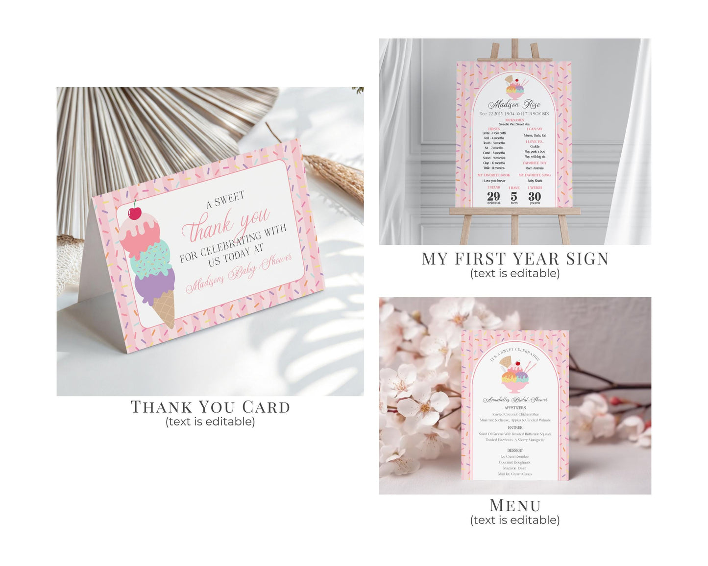 Ice Cream Sundae First Birthday Bundle Printable Template, Sweet One First Birthday, Pastel Sprinkles Party Decor WP1073