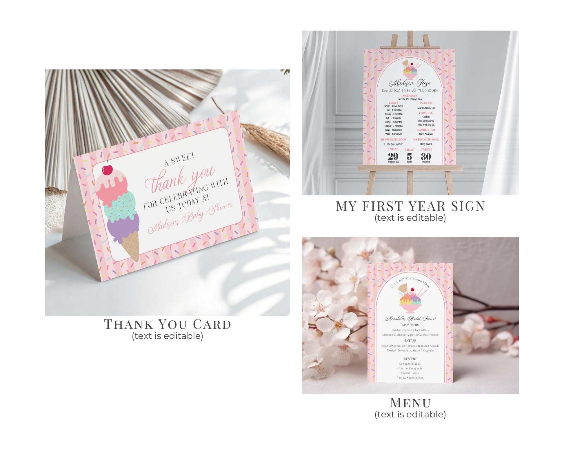 Ice Cream Sundae First Birthday Bundle Printable Template, Sweet One First Birthday, Pastel Sprinkles Party Decor WP1073