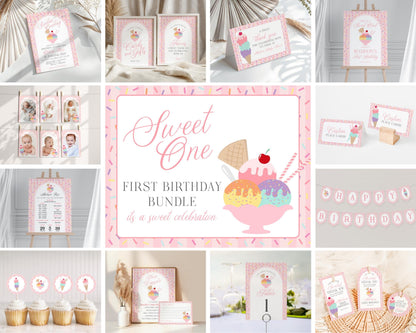 Ice Cream Sundae First Birthday Bundle Printable Template, Sweet One First Birthday, Pastel Sprinkles Party Decor WP1073