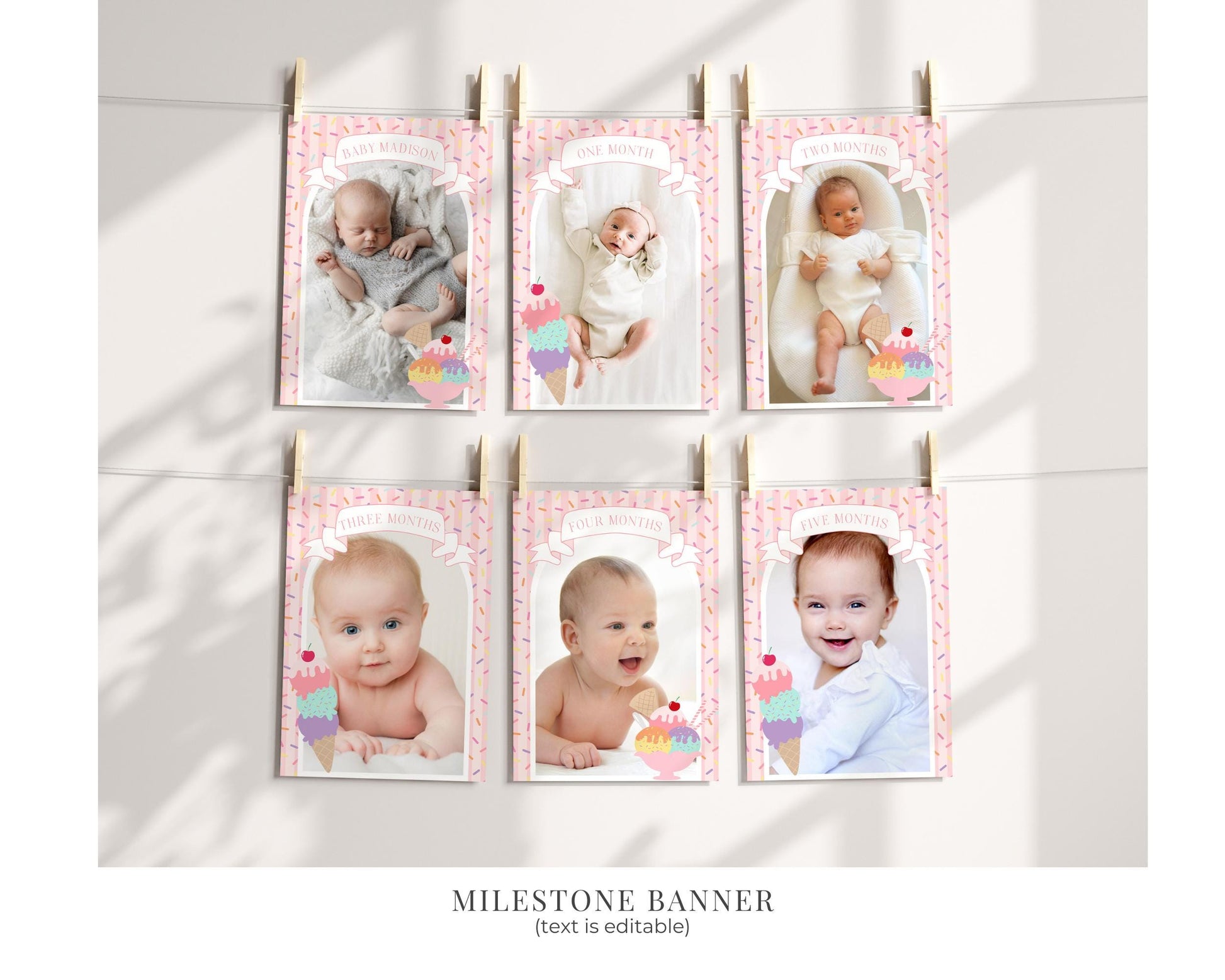 Ice Cream Sundae First Birthday Bundle Printable Template, Sweet One First Birthday, Pastel Sprinkles Party Decor WP1073