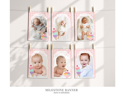 Ice Cream Sundae First Birthday Bundle Printable Template, Sweet One First Birthday, Pastel Sprinkles Party Decor WP1073
