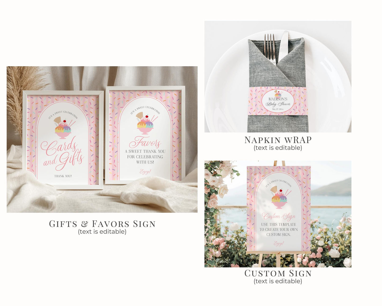 Ice Cream Sundae Birthday Bundle Printable Template, Here’s the Scoop Birthday Celebration, Pastel Sprinkles Party Decor WP1073