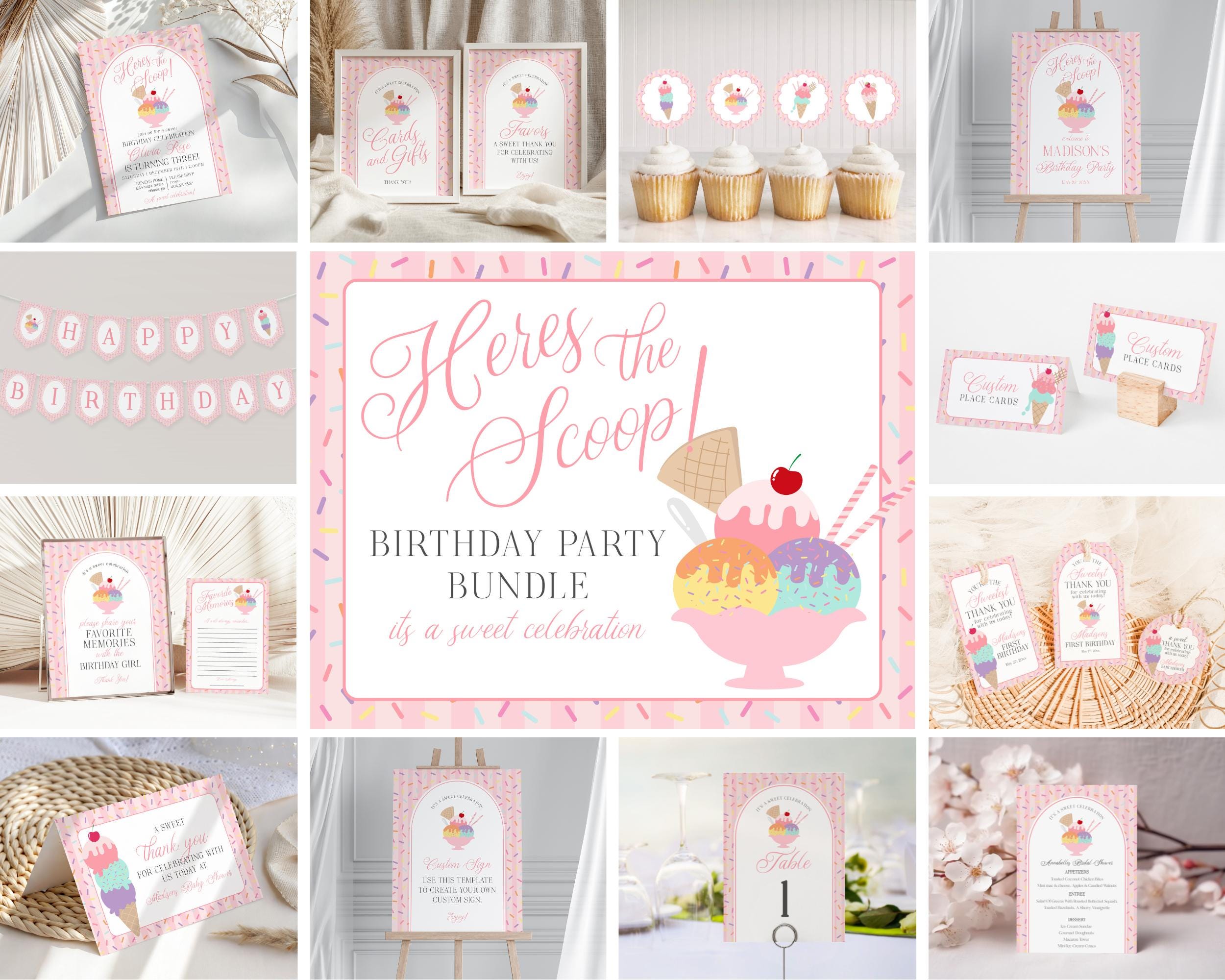 Ice Cream Sundae Birthday Bundle Printable Template, Here’s the Scoop Birthday Celebration, Pastel Sprinkles Party Decor WP1073