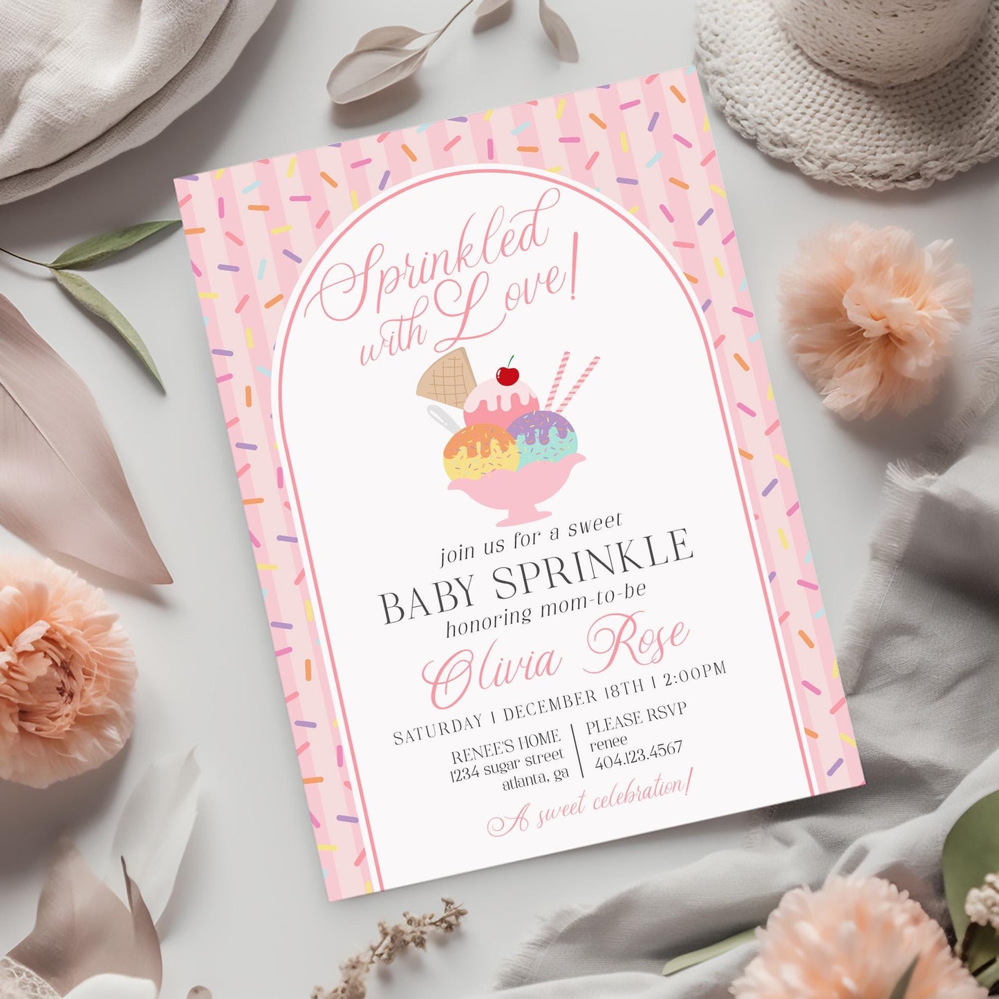 Ice Cream Sundae Baby Shower Invitation Printable Template, Sprinkled with Love Baby Sprinkle, Sweet One Nesting Party Decor WP1073
