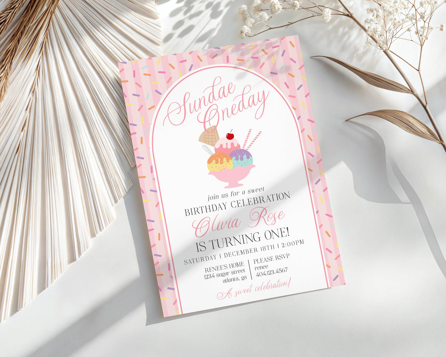 Ice Cream Sundae 1st Birthday Invite Printable Template, Sundae Oneday Sweet One First Birthday, Pastel Sprinkles Party Decor WP1073