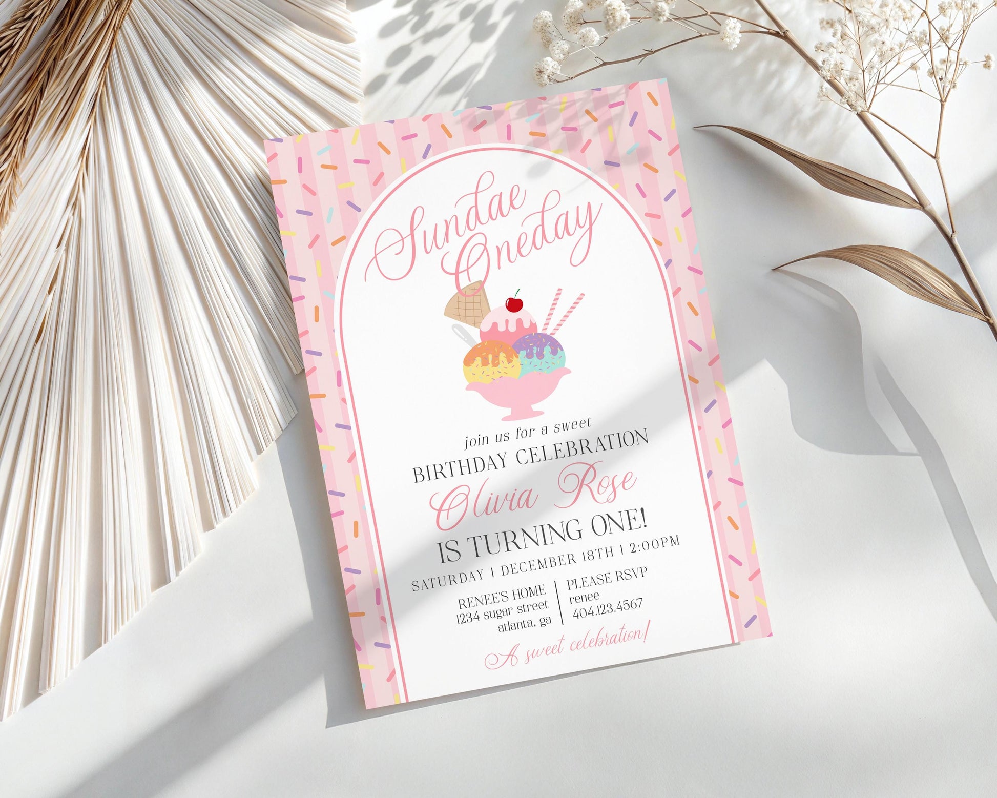 Ice Cream Sundae 1st Birthday Invite Printable Template, Sundae Oneday Sweet One First Birthday, Pastel Sprinkles Party Decor WP1073