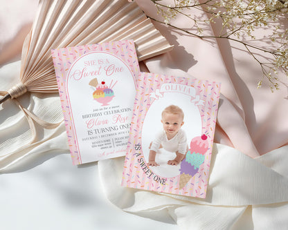 Ice Cream Sundae 1st Birthday Invite Printable Template, Sweet One First Birthday, Pastel Sprinkles Party Decor WP1073