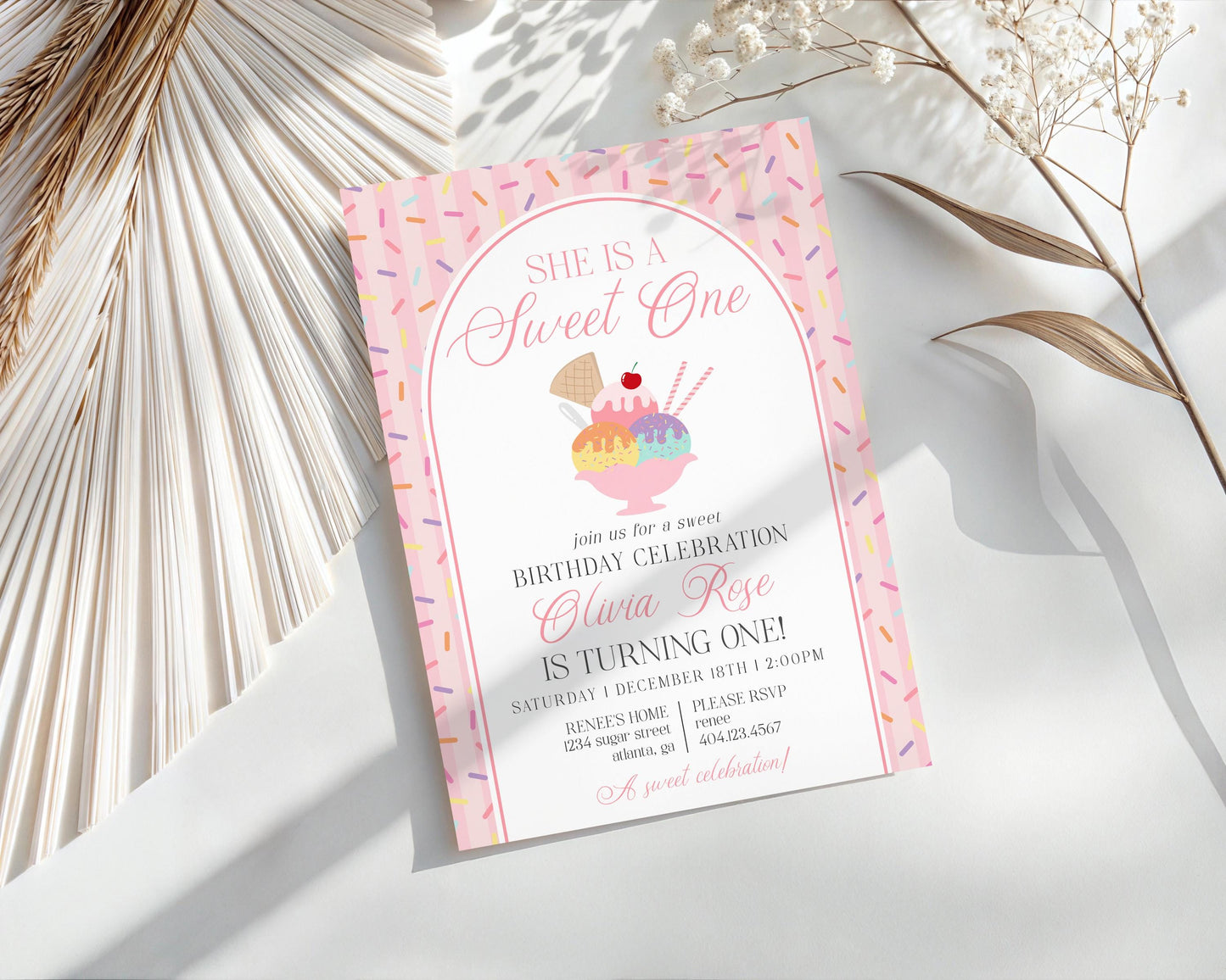 Ice Cream Sundae 1st Birthday Invite Printable Template, Sweet One First Birthday, Pastel Sprinkles Party Decor WP1073