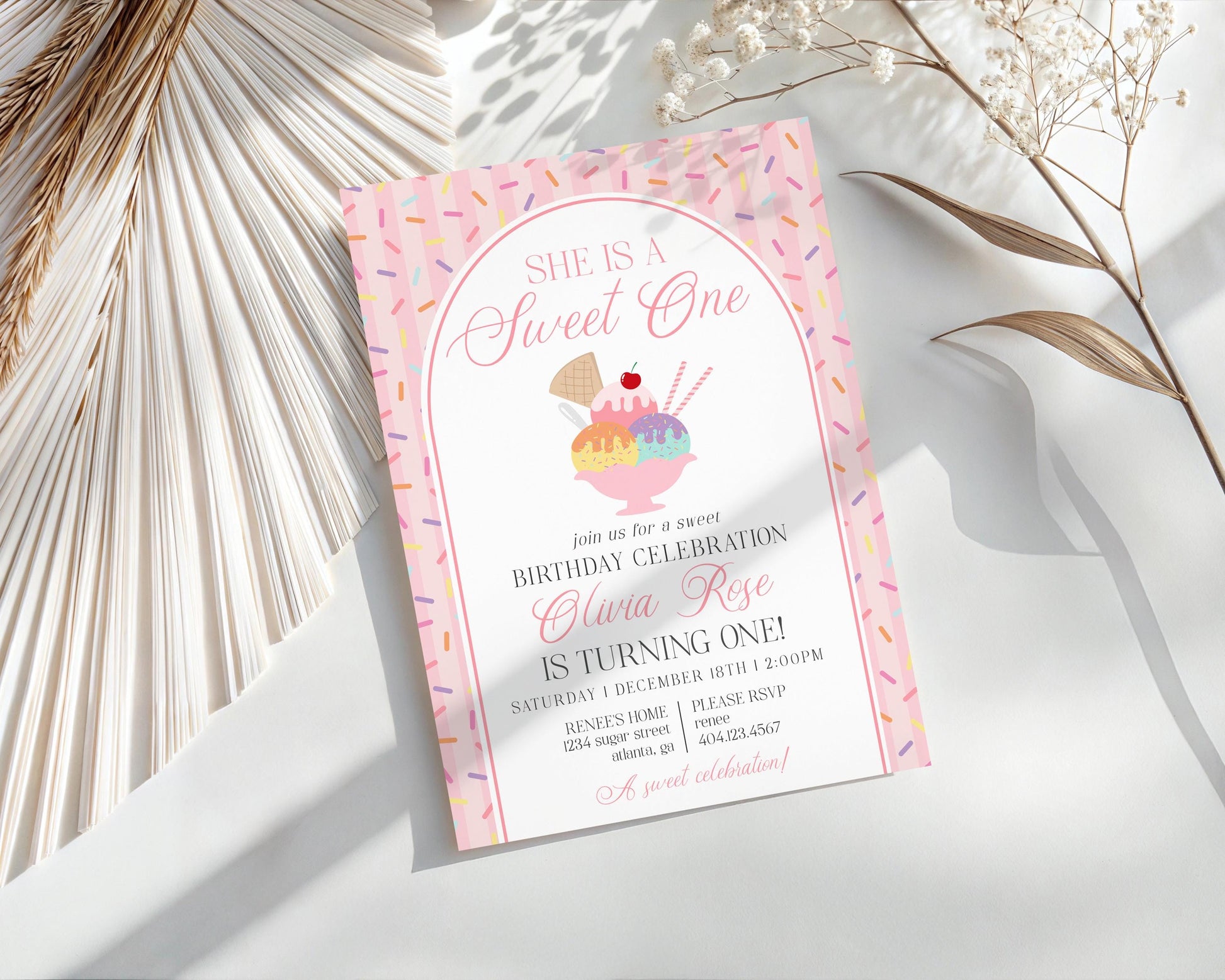 Ice Cream Sundae 1st Birthday Invite Printable Template, Sweet One First Birthday, Pastel Sprinkles Party Decor WP1073