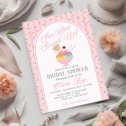 Ice Cream Sundae Bridal Shower Invitation Printable Template, She’s Been Scooped Up Bridal Brunch, Pastel Sprinkle Engagement Party WP1073