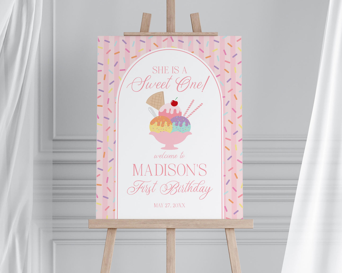 Pink Cherry Gingham 1st Birthday Welcome Sign Template, Sweet One First Birthday, Pastel Sprinkles Party Decor WP1073