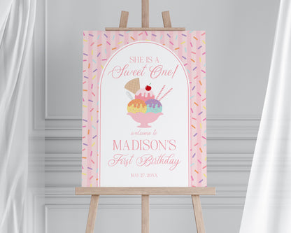 Pink Cherry Gingham 1st Birthday Welcome Sign Template, Sweet One First Birthday, Pastel Sprinkles Party Decor WP1073
