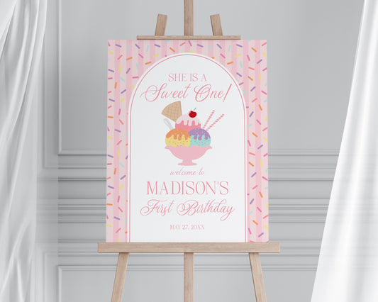 Pink Cherry Gingham 1st Birthday Welcome Sign Template, Sweet One First Birthday, Pastel Sprinkles Party Decor WP1073