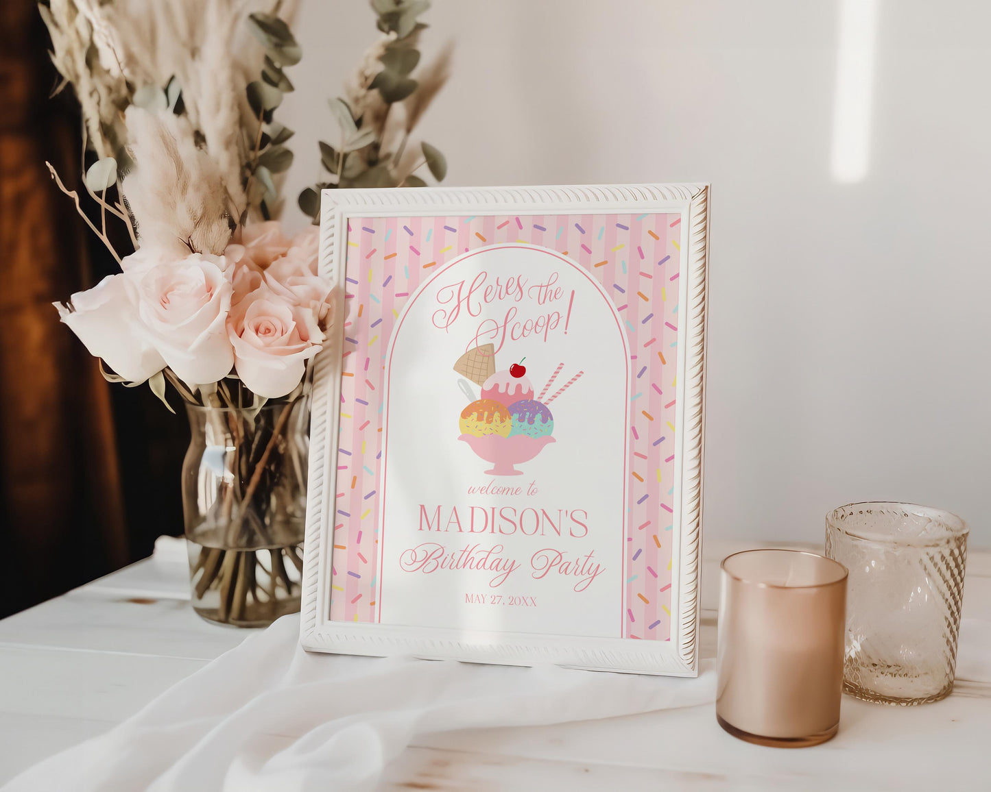 Ice Cream Sundae Birthday Welcome Sign Template, Here’s the Scoop Birthday Celebration, Pastel Sprinkles Party Decor WP1073