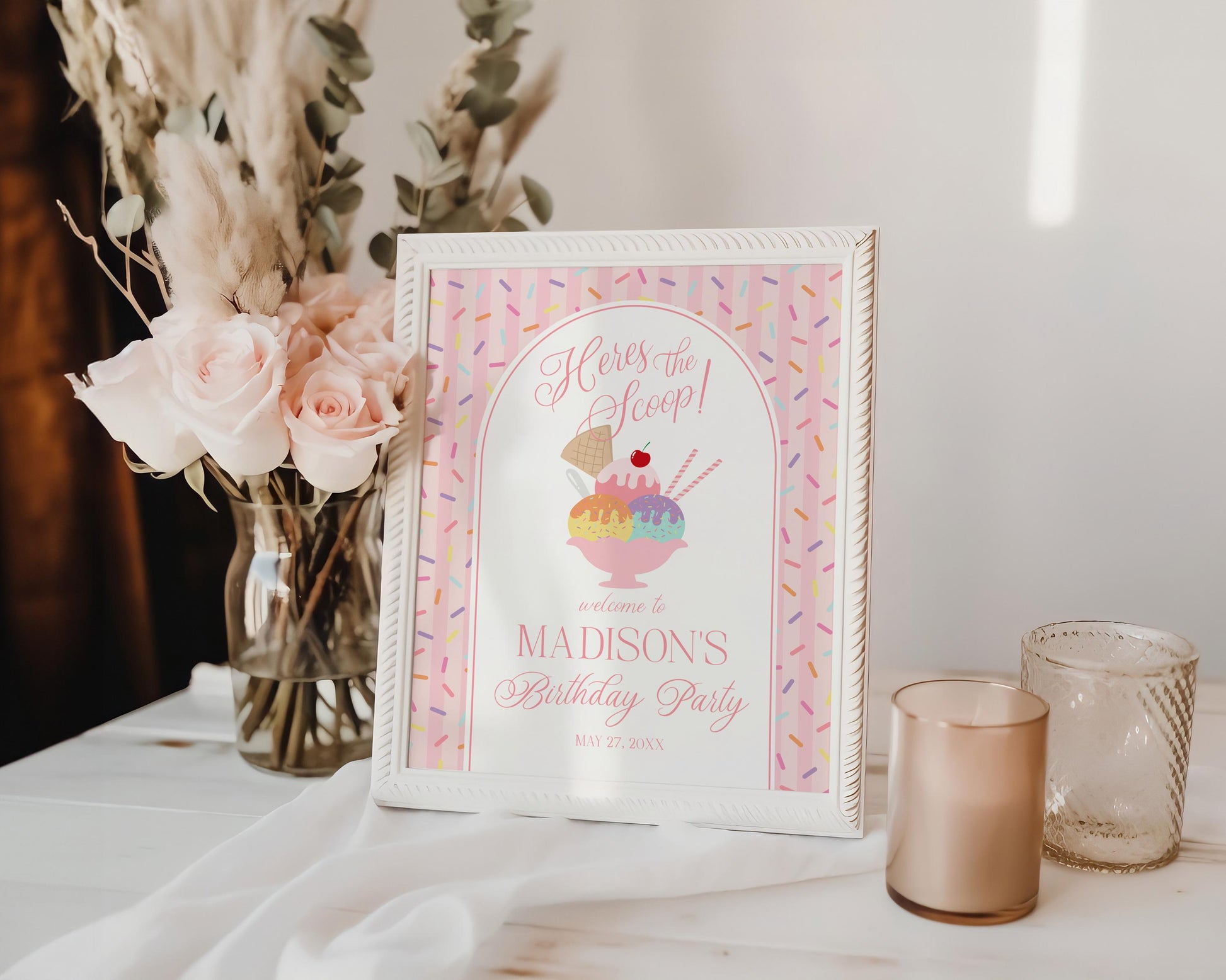 Ice Cream Sundae Birthday Welcome Sign Template, Here’s the Scoop Birthday Celebration, Pastel Sprinkles Party Decor WP1073
