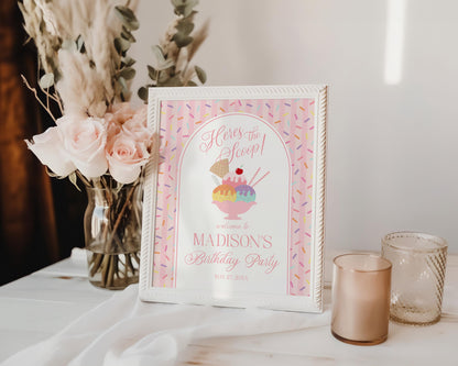 Ice Cream Sundae Birthday Welcome Sign Template, Here’s the Scoop Birthday Celebration, Pastel Sprinkles Party Decor WP1073