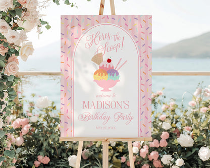Ice Cream Sundae Birthday Welcome Sign Template, Here’s the Scoop Birthday Celebration, Pastel Sprinkles Party Decor WP1073