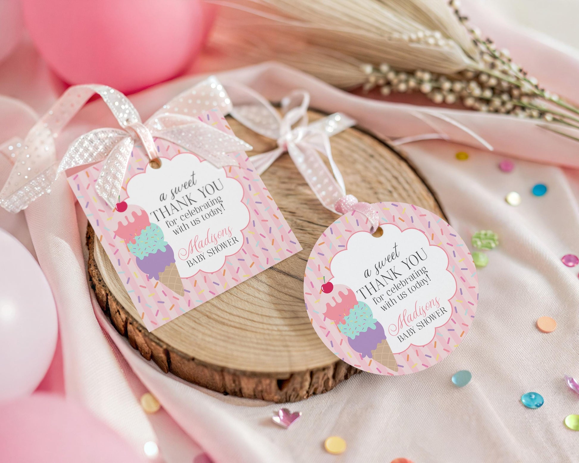 Ice Cream Sundae Birthday Party Favor Tags Template, Here’s the Scoop Birthday Celebration, Pastel Sweet One 1st Birthday Party WP1073