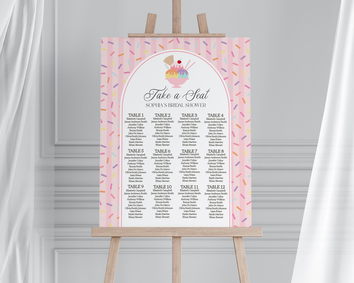 Ice Cream Sundae Seating Chart Cards Template, Sprinkled with Love Baby Shower, Scooped Up Bridal Brunch, Sprinkles Birthday Party WP1073