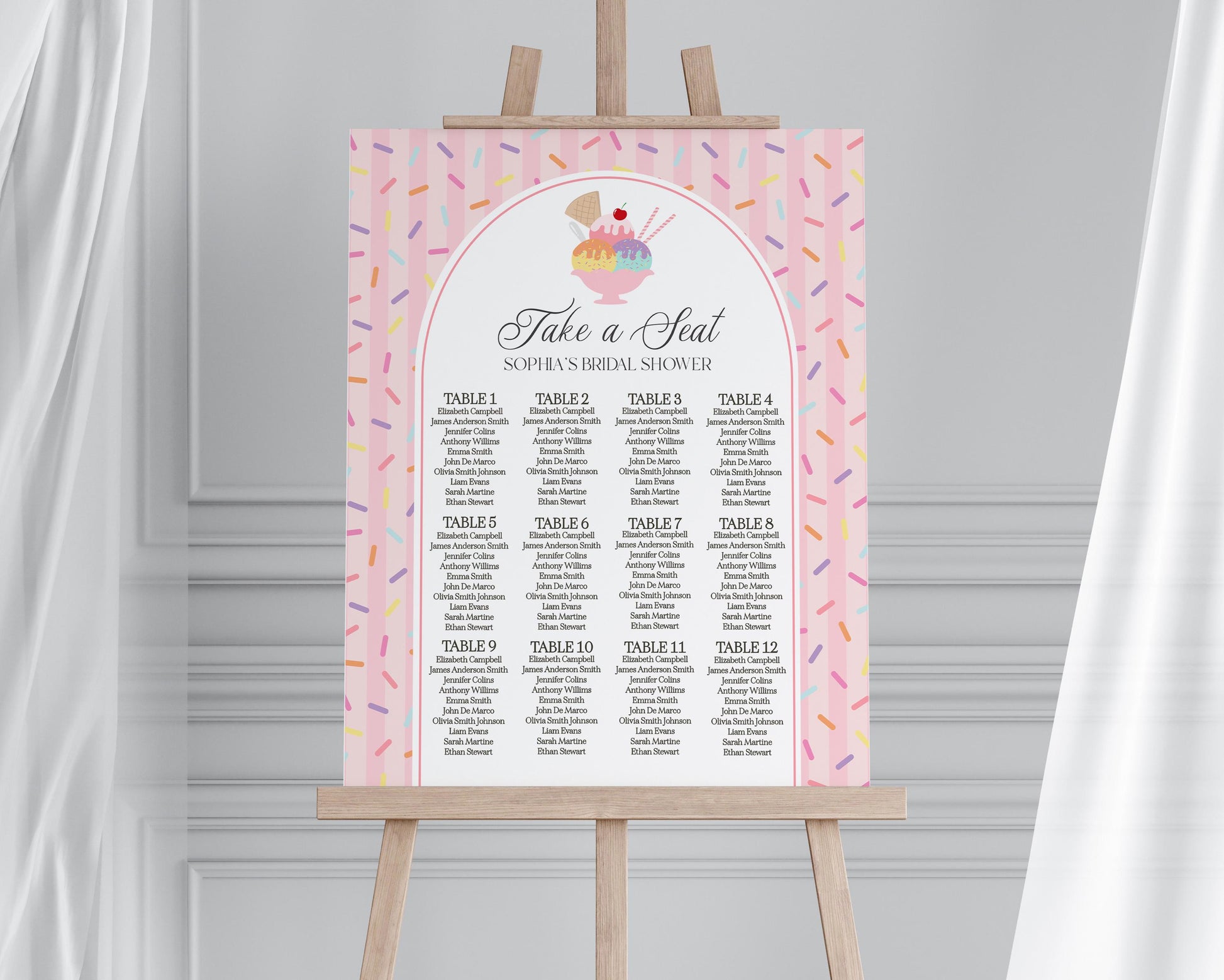 Ice Cream Sundae Seating Chart Cards Template, Sprinkled with Love Baby Shower, Scooped Up Bridal Brunch, Sprinkles Birthday Party WP1073