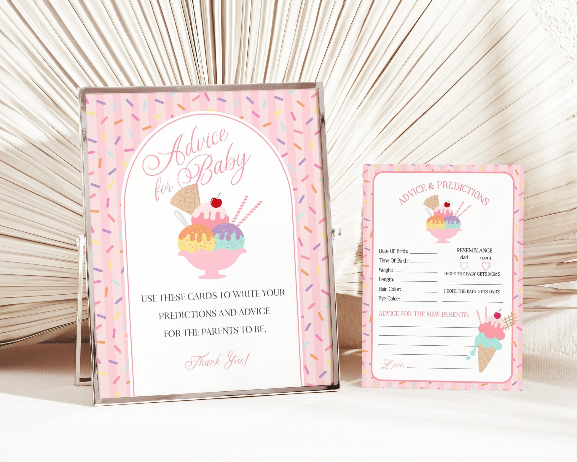 Ice Cream Sundae Advice for Baby Cards Template, Sprinkled with Love Baby Sprinkle, Sweet One Nesting Party Decor WP1073