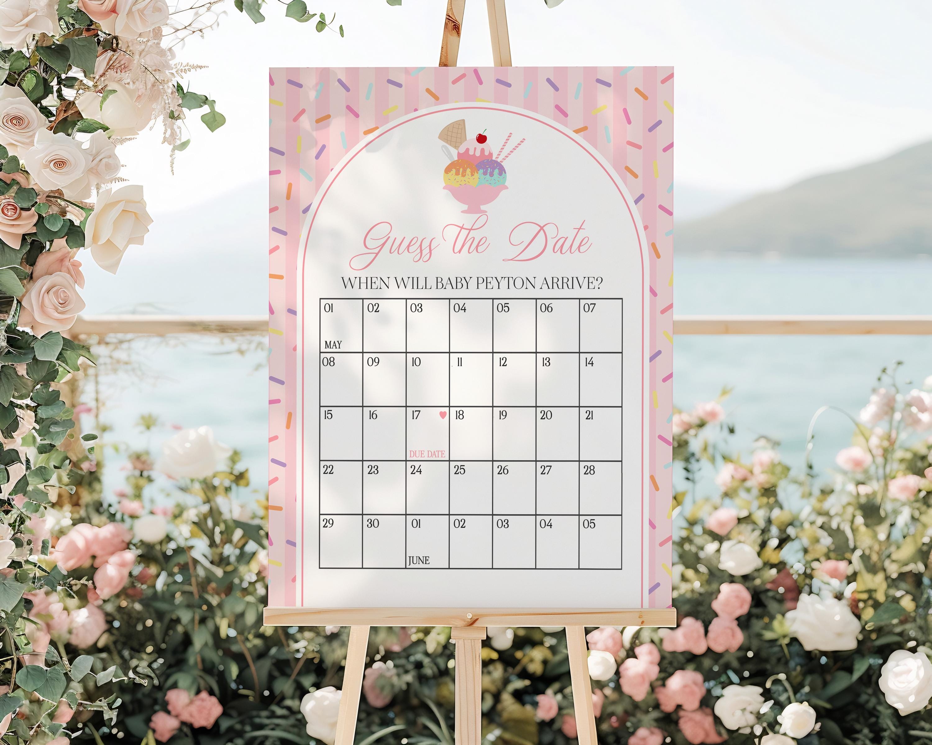 Ice Cream Sundae Baby Shower Guess the Date Game Template, Sprinkled with Love Baby Sprinkle, Sweet One Nesting Party Decor WP1073