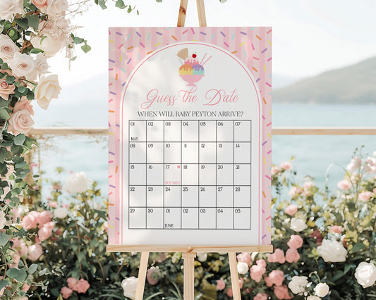 Ice Cream Sundae Baby Shower Guess the Date Game Template, Sprinkled with Love Baby Sprinkle, Sweet One Nesting Party Decor WP1073