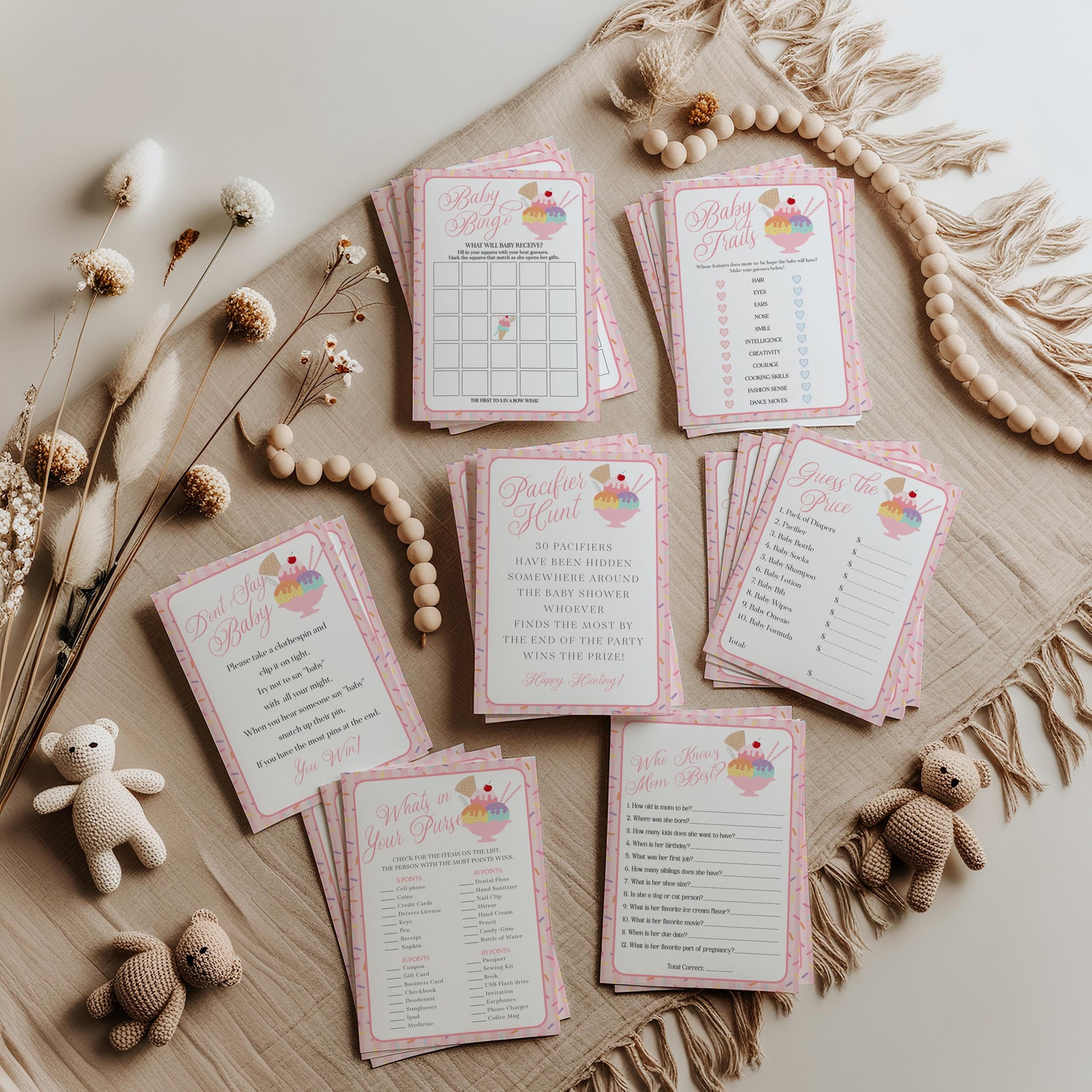 Ice Cream Sundae Baby Shower Games Template, Sprinkled with Love Baby Sprinkle, Sweet One Nesting Party Decor WP1073
