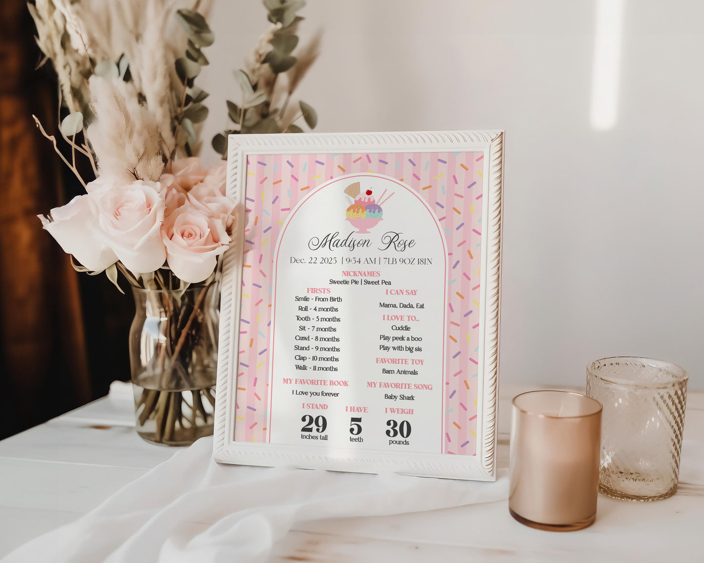 Ice Cream Sundae First Year Milestone Sign Printable Template, Sweet One First Birthday, Pastel Sprinkles Party Decor WP1073